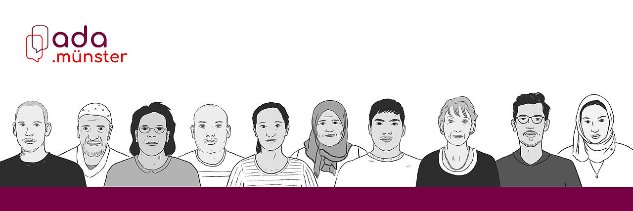 Illustration einer großen Gruppe von Personen in Schwarz-Weiß