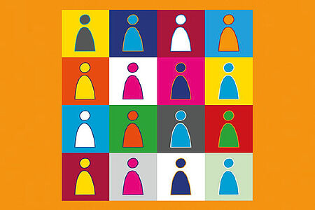 Illustration von mehreren Strichmännchen in verschiedenen Farben auf verschiedenfarbigen Quadraten auf orangenem Hintergund