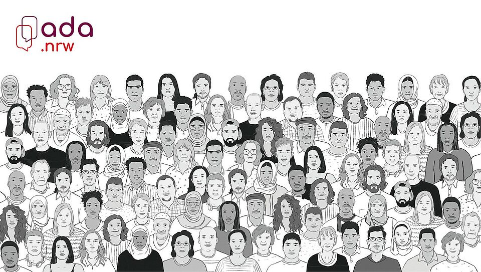 Illustration einer großen Gruppe von Personen in schwarz-weiß