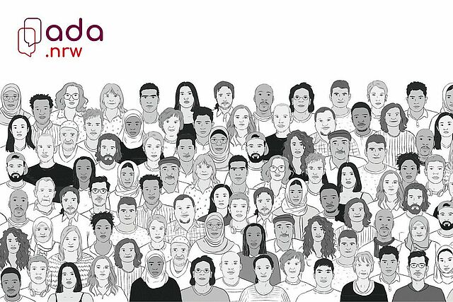Illustration einer großen Gruppe von Personen in schwarz-weiß