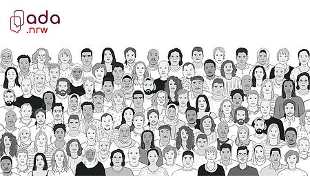 Illustration einer großen Gruppe von Personen in schwarz-weiß