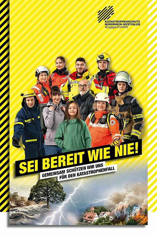 Motiv der Kampagne "Bereit wie nie" Oben im Bild befinden sich Einsatzkräfte der verschiedenen Hilfsorganisationen. Unten im Bild sind Fotos von verschiedenen Extremwettersituationen.