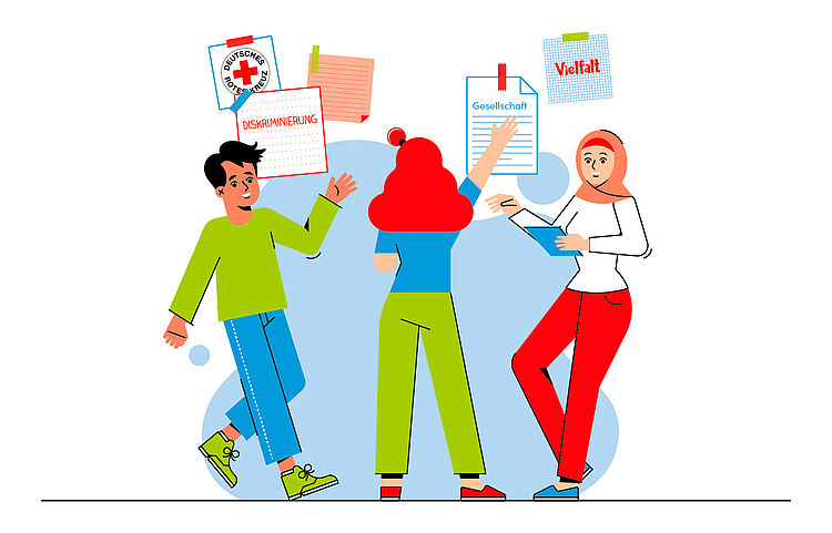 Zusammenarbeit zu gesellschaftlichen Themen Das Bild zeigt eine Illustration von drei jungen Menschen, die gemeinsam an einer Wand mit aufgehängten Zetteln arbeiten. Auf den Zetteln stehen Begriffe wie „Diskriminierung“, „Gesellschaft“ und „Vielfalt“. Links steht eine Person mit grünen Schuhen und grünem Oberteil, in der Mitte eine Person mit roten Haaren und grüner Hose, rechts eine Person mit Kopftuch, roter Hose und Tablet in der Hand.