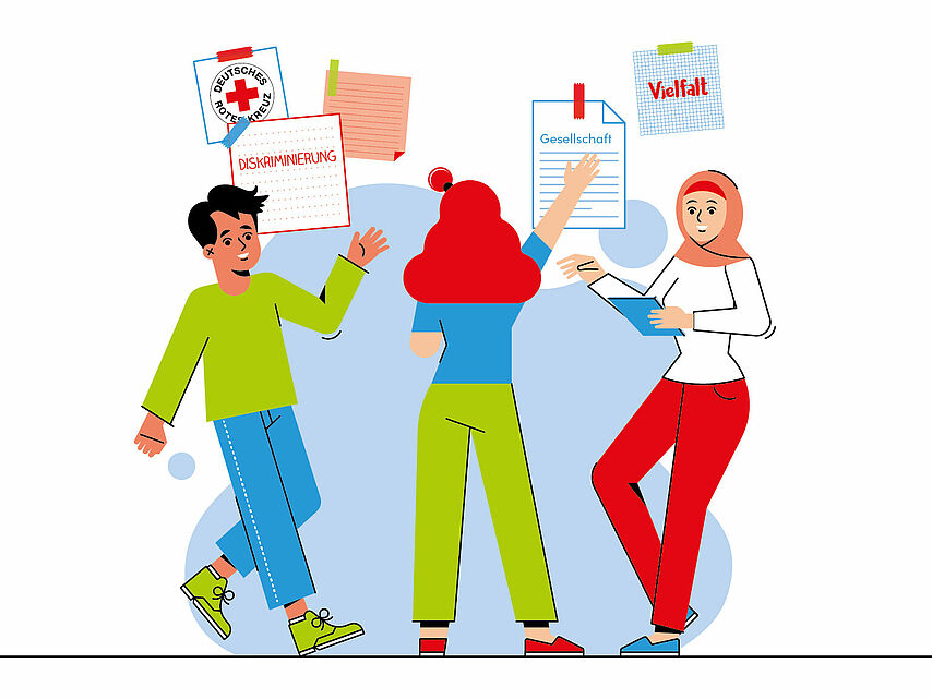 Das Bild zeigt eine Illustration von drei jungen Menschen, die gemeinsam an einer Wand mit aufgehängten Zetteln arbeiten. Auf den Zetteln stehen Begriffe wie „Diskriminierung“, „Gesellschaft“ und „Vielfalt“. Links steht eine Person mit grünen Schuhen und grünem Oberteil, in der Mitte eine Person mit roten Haaren und grüner Hose, rechts eine Person mit Kopftuch, roter Hose und Tablet in der Hand.