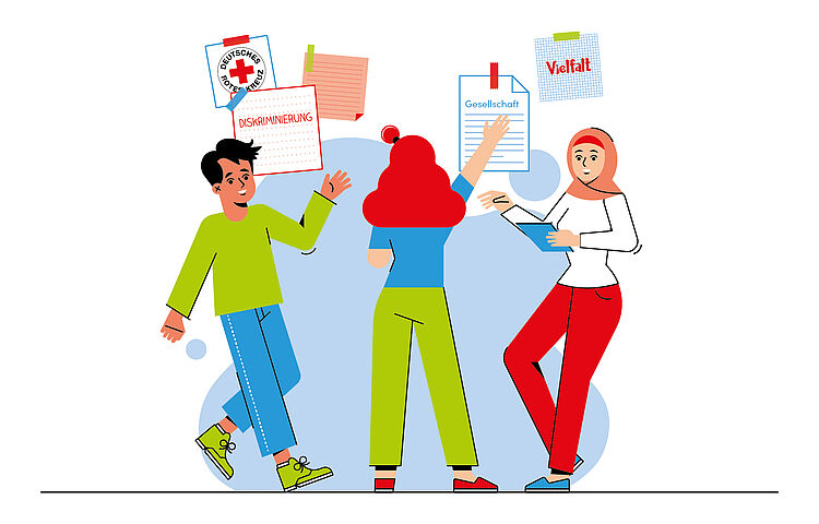 Das Bild zeigt eine Illustration von drei jungen Menschen, die gemeinsam an einer Wand mit aufgehängten Zetteln arbeiten. Auf den Zetteln stehen Begriffe wie „Diskriminierung“, „Gesellschaft“ und „Vielfalt“. Links steht eine Person mit grünen Schuhen und grünem Oberteil, in der Mitte eine Person mit roten Haaren und grüner Hose, rechts eine Person mit Kopftuch, roter Hose und Tablet in der Hand.