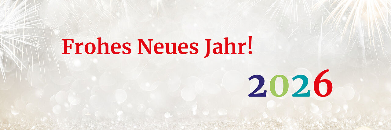 Schriftzug "Frohes Neues Jahr" vor einem hellgrauen Hintergrund mit Feuerwerk