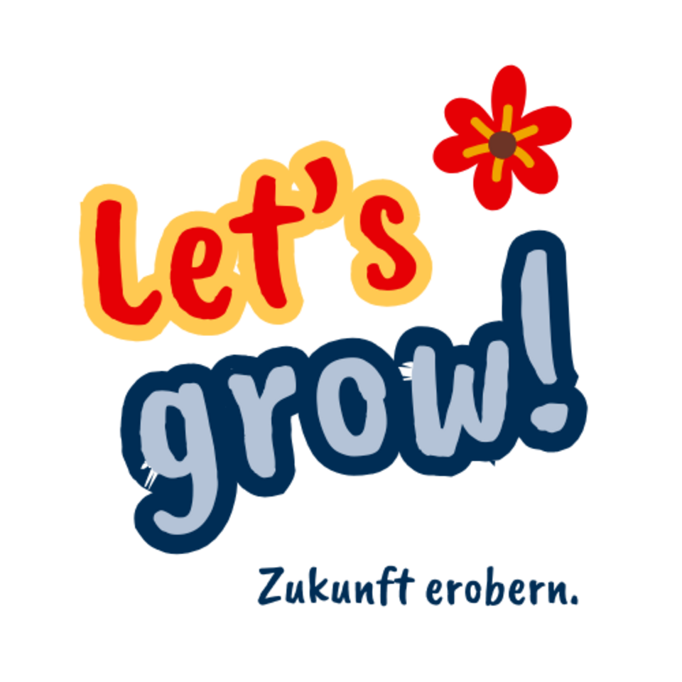 Ein Schriftlogo "Lets Go" in schwungvoller, gelb-blauer Schrift mit einer kleiner rot-orangenen Blüte