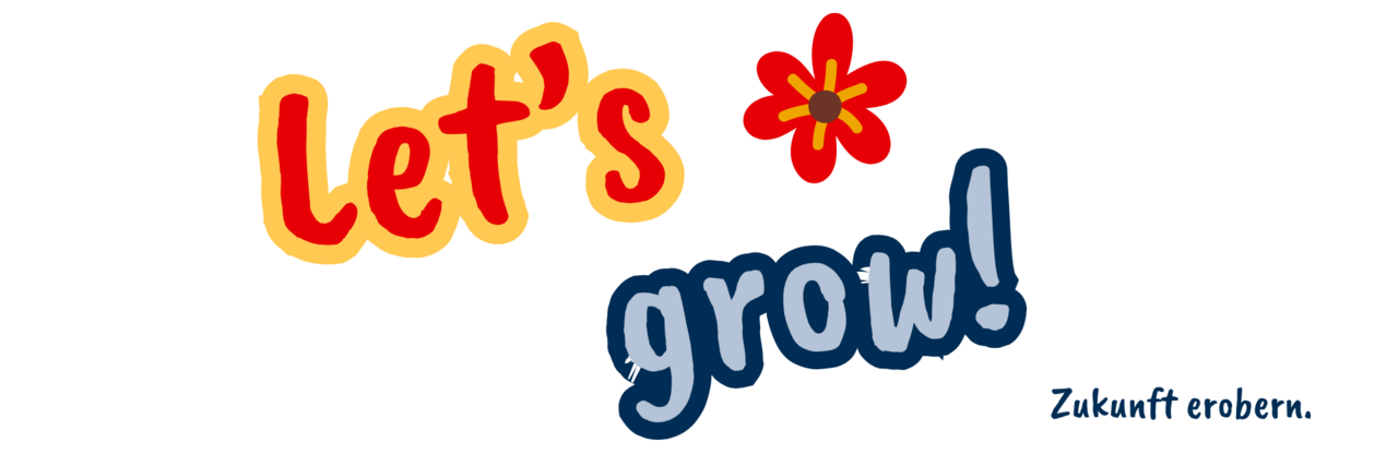 Ein Schriftlogo "Lets Go" in schwungvoller, gelb-blauer Schrift mit einer kleiner rot-orangenen Blüte
