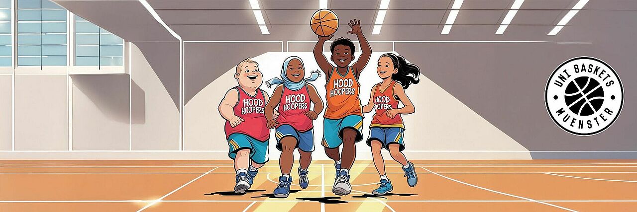 Eine Illustration zeigt vier Kinder, die lachend nebeneinander über das Basketballfeld in einer hellen Sporthalle laufen. Alle tragen bunte Trikots mit der Aufschrift „Hood Hoopers“ und sportliche Turnschuhe. Das Kind in der Mitte hält den Basketball hoch über den Kopf, während die anderen begeistert mitlaufen.