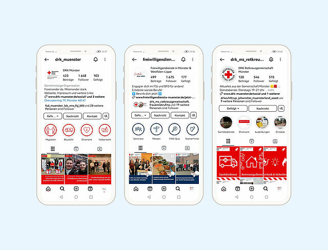 Drei Smartphone-Bildschirme mit geöffneten Instagram-Profilen: ‚drk_muenster‘, ‚freiwilligendienstedrkms‘ und ‚drk_ms_rotkreuzgemeinschaft_muenster‘. Die Profile zeigen jeweils Anzahl der Beiträge, Follower, Abonnements und Kurzbeschreibungen.