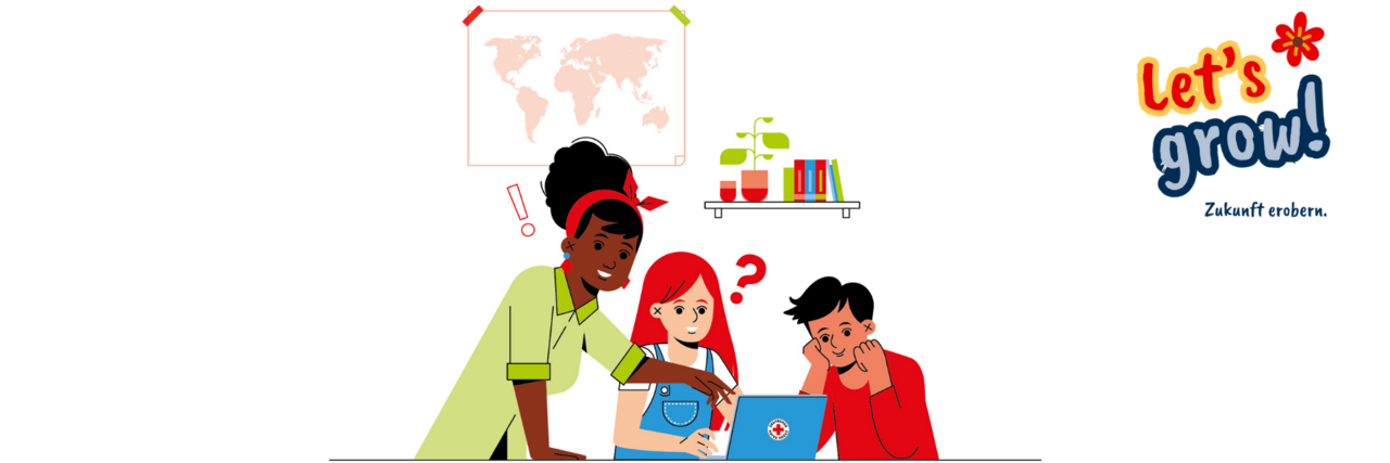 Eine Illustration zeigt drei junge Menschen, die gemeinsam an einem Laptop arbeiten. Eine Person erklärt etwas und zeigt auf den Bildschirm, während die anderen interessiert und fragend schauen. Im Hintergrund hängen ein Weltkarten-Poster, ein Regal mit Pflanzen und Büchern. Rechts steht der bunte Schriftzug „Let’s grow! Zukunft erobern.“
