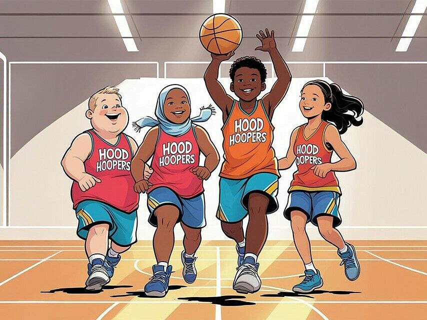 Eine Illustration zeigt vier Kinder, die lachend nebeneinander über das Basketballfeld in einer hellen Sporthalle laufen. Alle tragen bunte Trikots mit der Aufschrift „Hood Hoopers“ und sportliche Turnschuhe. Das Kind in der Mitte hält den Basketball hoch über den Kopf, während die anderen begeistert mitlaufen.